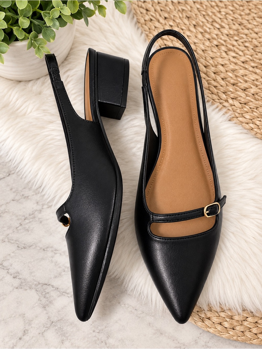 Chinese Laundry Black Pointed Slingback Flats with Buckle